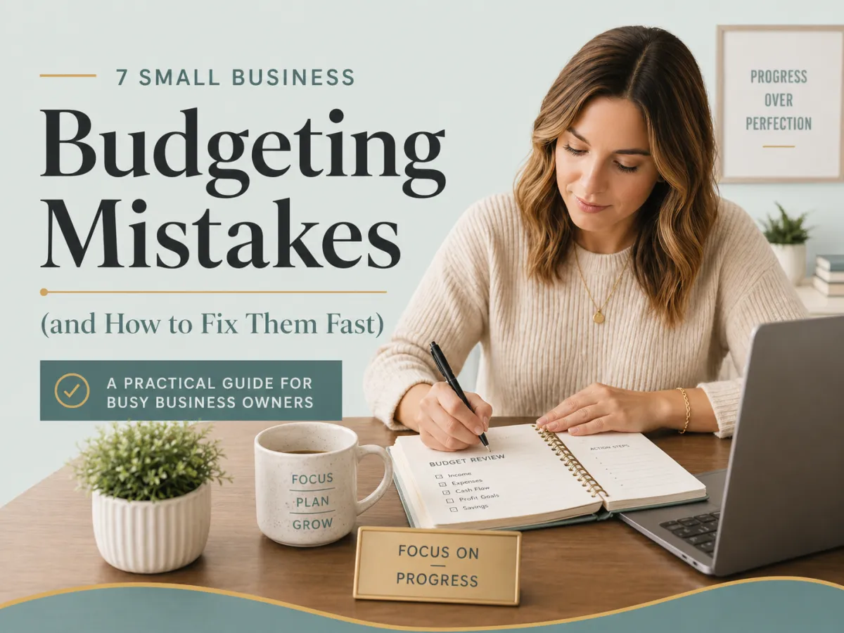 Cover image for a REaL Books blog about budgeting mistakes, showing a business owner writing budget review notes in a planner at a desk with a laptop, coffee mug, plant, and soft sage, gold, teal, and charcoal branding.