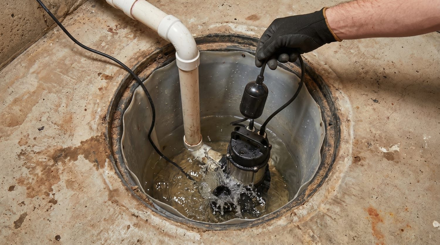 Testing a sump pump float switch in a basement pit