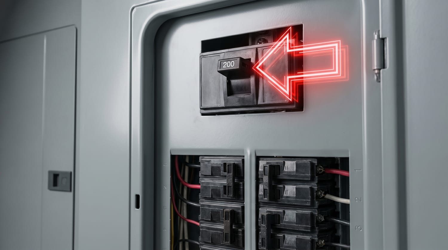 Electrical panel with the main breaker at the top