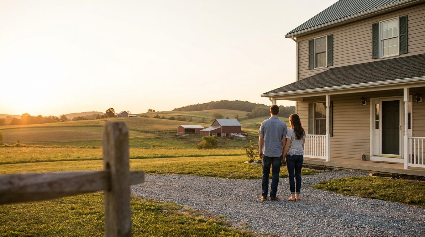 A couple in front of a modest home in rural York County, Pennsylvania