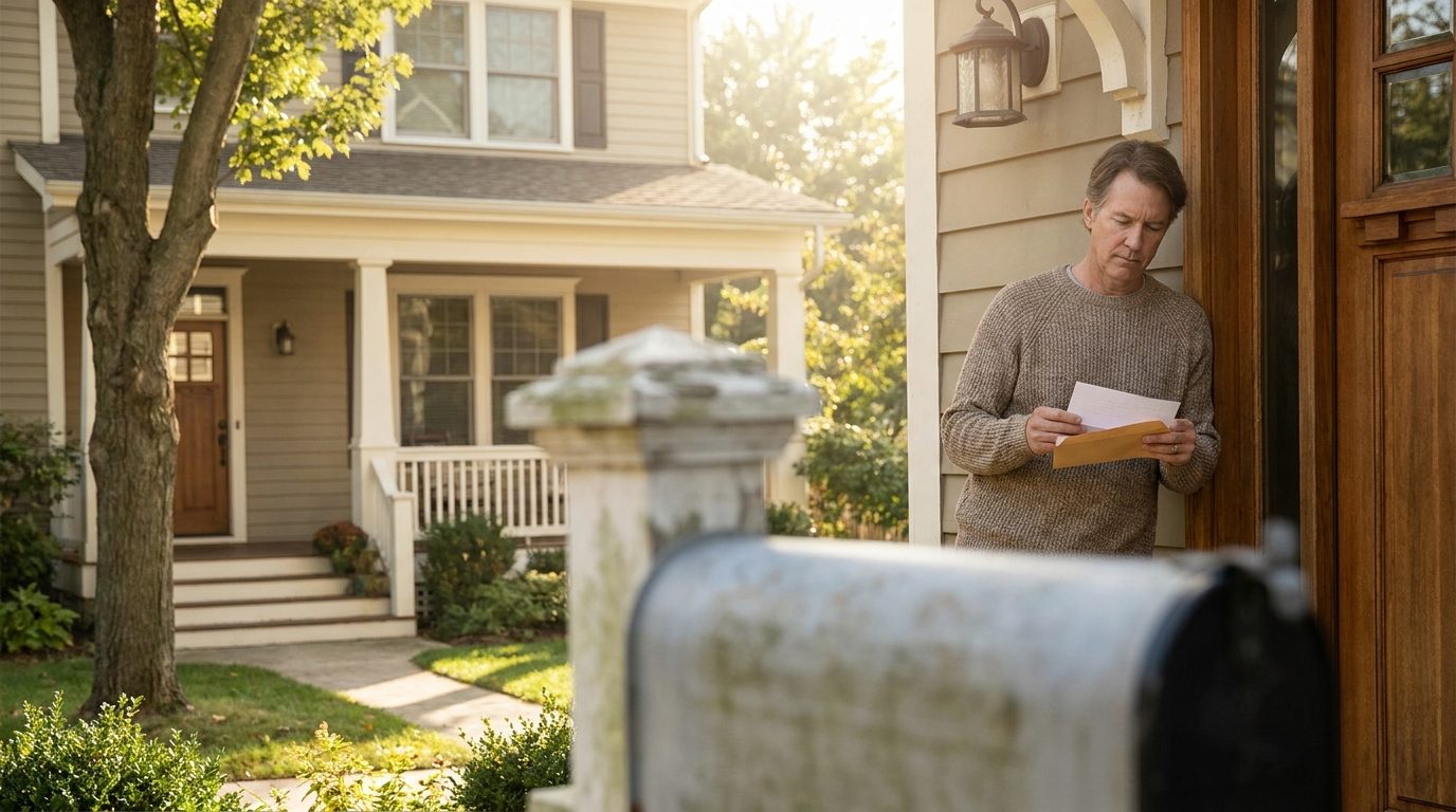 Mortgage statement, calculator and house keys on a desk