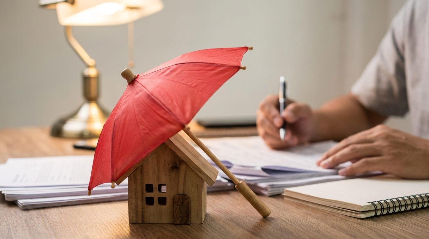 Umbrella held over a small house model