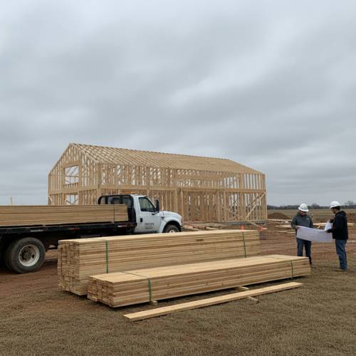 Lumber delivered to a barndominium construction site, overcast sky, for barndominium construction in olathe kansas