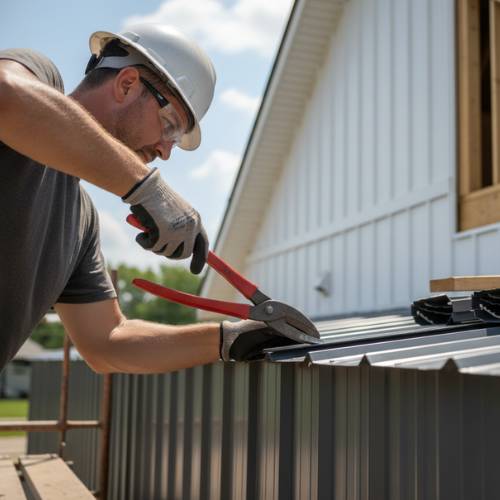 Worker trimming metal siding on barndominium, bright summer day, for barndominium construction in olathe kansas