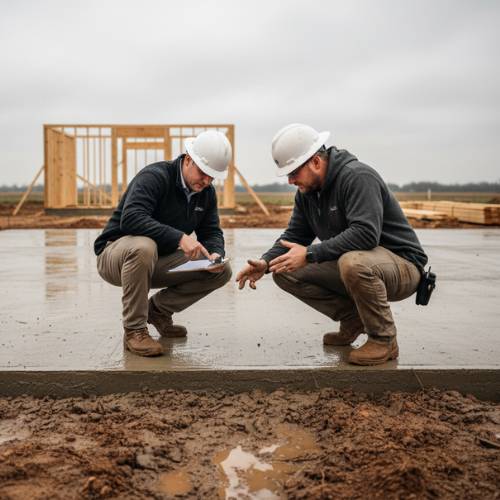 Inspectors checking barndominium foundation on an overcast day, for barndominium construction in olathe kansas