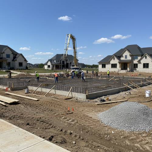 Overland Park project photo. Caption: Foundation work on Hallbrook Farms lot — engineered footing design for Wymore-Ladoga clay site.