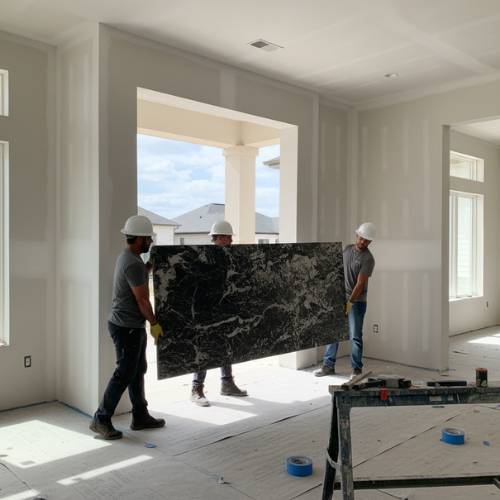 Workers installing granite countertop in a newly drywalled luxury home, for Custom Luxury Home Building in olathe ks