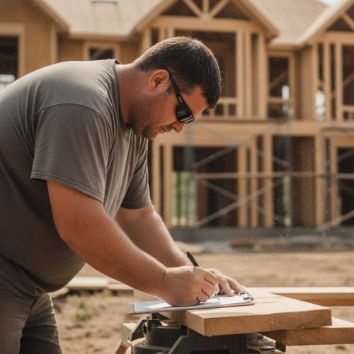 Worker writing on clipboard at luxury home construction site, for custom luxury home building in olathe ks