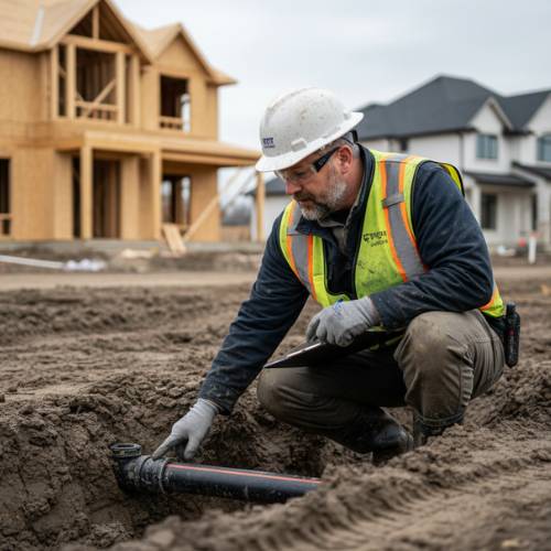 Inspector checking waterline installation at luxury home build site, for custom luxury home building in olathe ks.