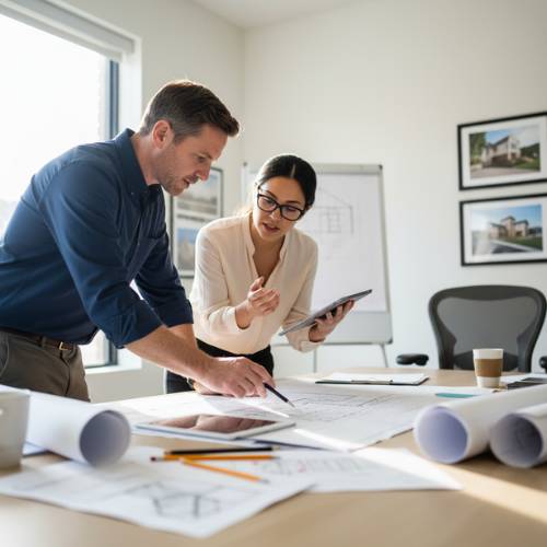 Two professionals intently review custom house blueprints in a bright office,  for new home design & planning olathe ks