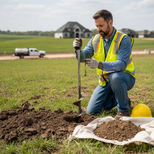 City professional takes soil sample on new Olathe, KS suburban lot, for new home design & planning olathe ks