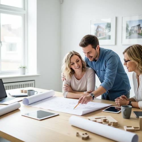 A couple reviews new house plans with architect in office,  for new home design & planning olathe ks