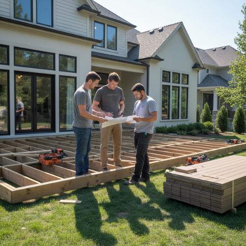 three contractors reference plans while building an utdoor deck, for deck and outdoor living olathe ks