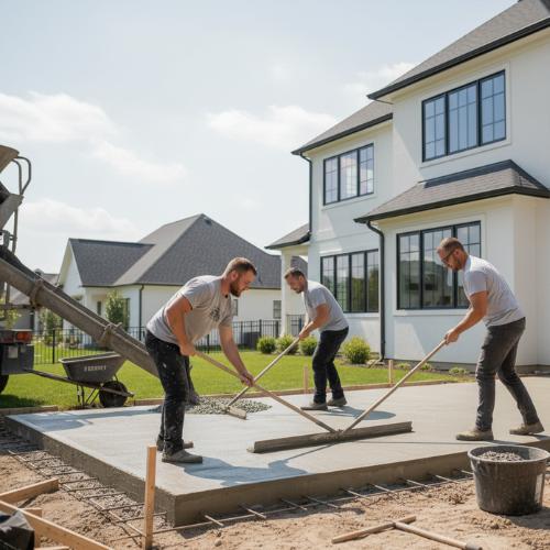 three men install a concrete patio on a new house, for deck and outdoor living olathe ks