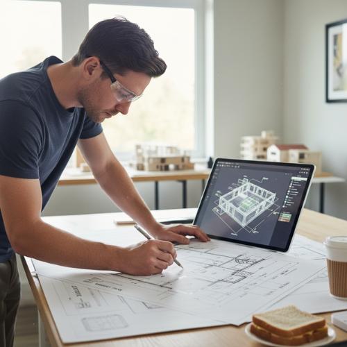 draftsman works on plans for a new basement, for basement design & planning in olathe, ks.
