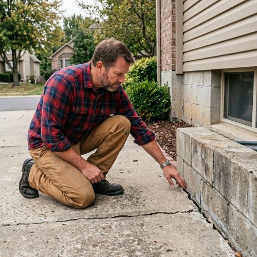 A contractor checks the crack forming between a driveway and a house wall in olathe, ks