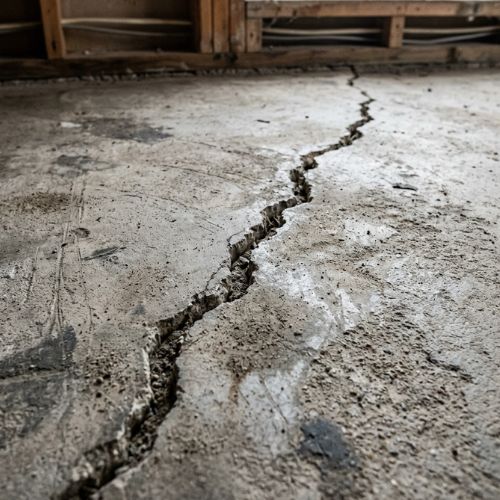 A closeup picture of a large crack in the foundation floor of a basement in olathe, ks