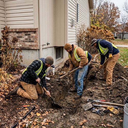 A group of three contractors from Koch Construction excavate the dirt around a house foundation in olathe, ks prior to foundation work starting