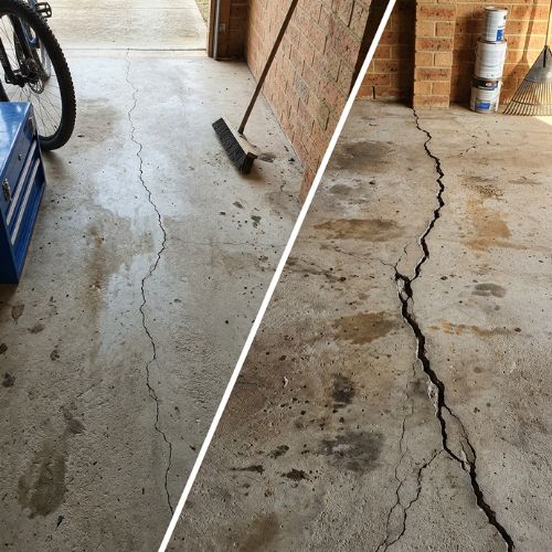 a comparison picture between a small crack that has just formed in a foundation floor, with a picture taken 2 years later with the crack having grown very large