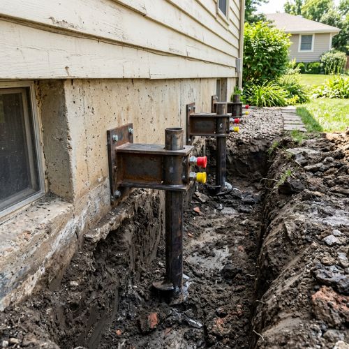 picture of several foundation piers installed on the foundation of a house in olathe, ks prior to being covered back up