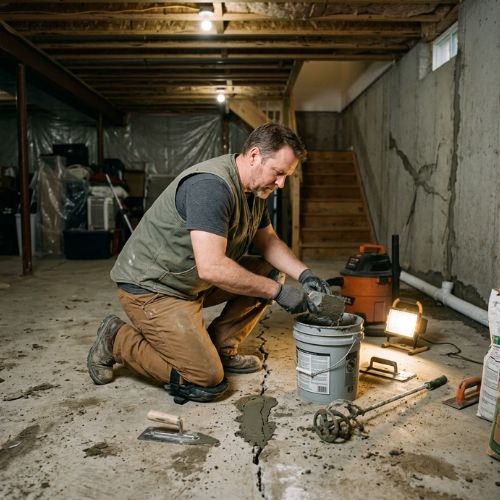 a worker in olathe, ks patches a crack in a basement foundation floor after leveling work being done on the house