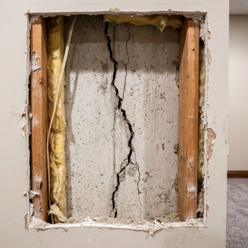 drywall removed from the finished wall of a house in olathe, ks that house the crack in the concrete foundation underneath