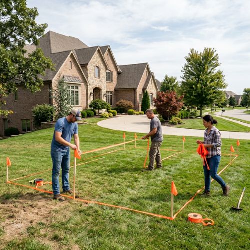 several workers are marking out an area with small construction flags and orange ribbon on an area where an exteriror garage will be build on the property of a high end house in olathe ks.