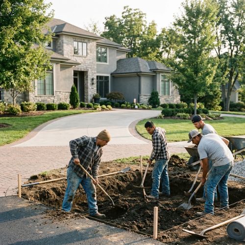 several workers are digging out the ground in a square next to a driveway where an exteriror garage will be build on the property of a high end house in olathe ks. 