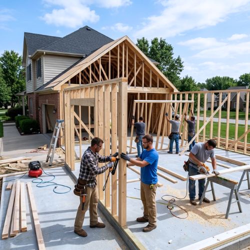 A group of works are building the wooden frame on a new attached garage in Olathe, KS. The concrete pad is already installed. 