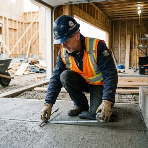 A close up of a city inspector inspecting the concrete floor on a attached garage that is being built.