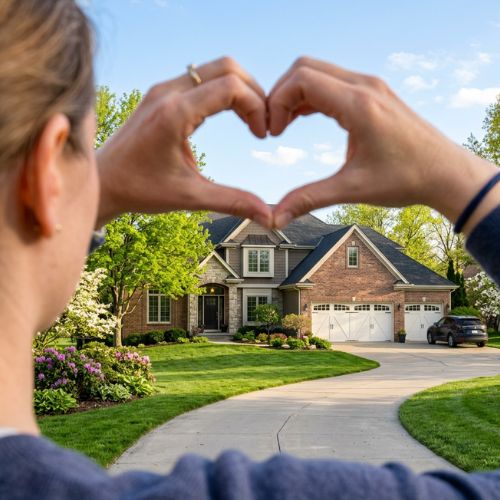 A woman is doing the 'heart hands' with her hands and the camera's perspective shows the picture through her hands showing an upper class home with an attached garage in olathe, ks during late spring.