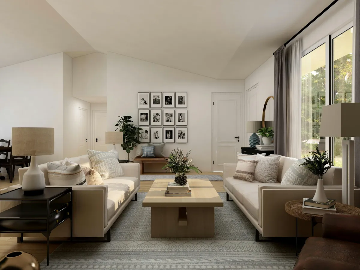 Residential cleaning professional dusting a modern living room