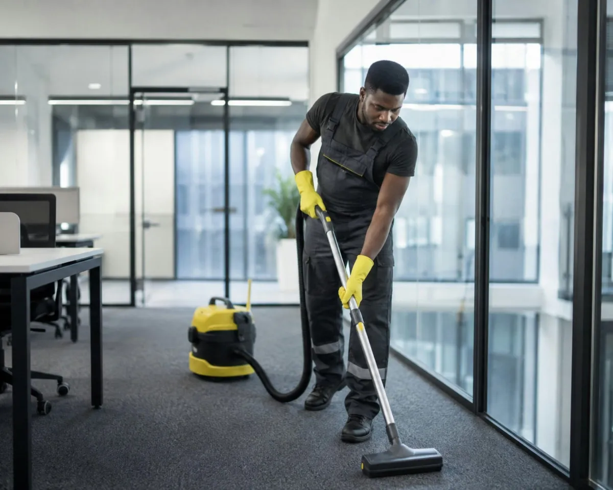 Commercial janitorial staff cleaning office workspace