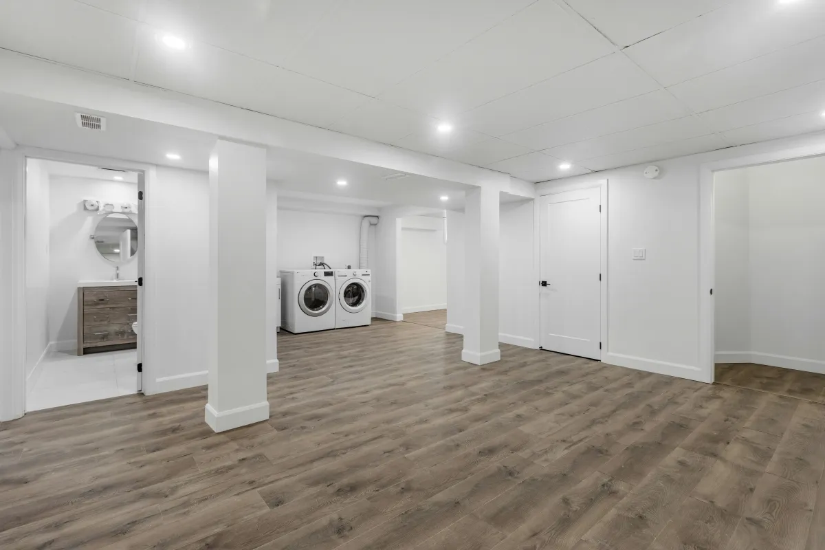 Finished basement remodeled into a comfortable living space.