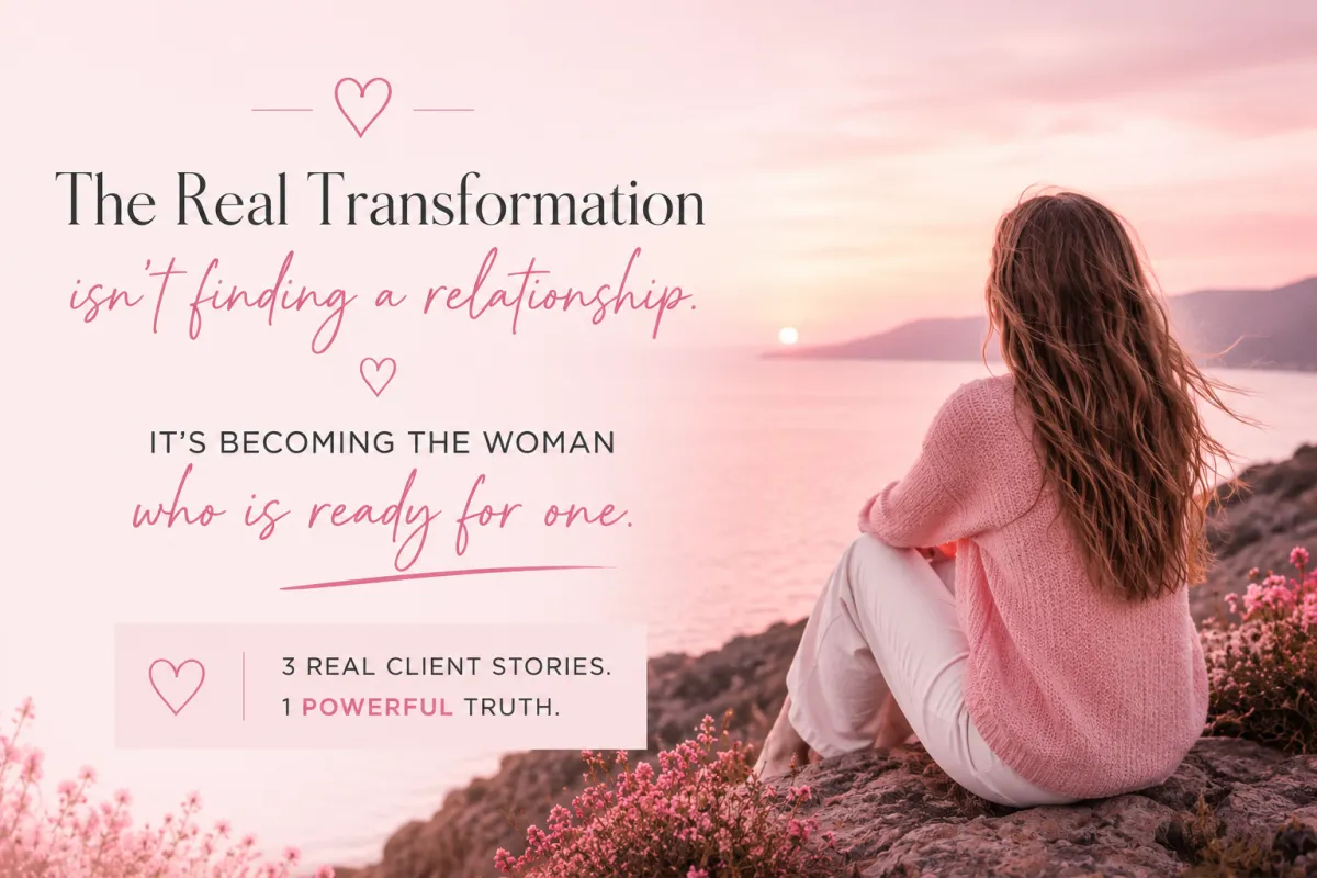 A woman sits peacefully on a rocky cliff overlooking a calm pink-hued sea at sunset. Dressed in a soft pink jumper and light trousers, she gazes towards the horizon as the sun sets over distant hills. Elegant text overlays the image reading, "The real transformation isn't finding a relationship. It's becoming the woman who is ready for one." The image conveys self-reflection, healing, personal growth and emotional readiness for healthy love.