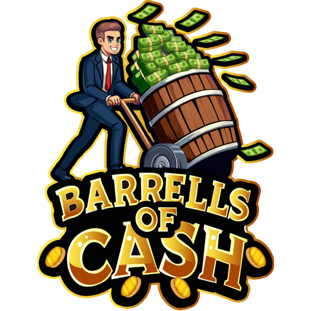 The logo you uploaded features a logo with a cartoon-style illustration of a businessman in a suit pushing a wheelbarrow filled with a large barrel overflowing with bundles of cash. The barrel is tilted forward, with dollar bills flying out from the top. Below the illustration, the text "BARRELLS OF CASH" is prominently displayed in bold, gold lettering, with shiny gold coins scattered around the base of the text. The overall color scheme is bright and eye-catching, emphasizing wealth and financial success.