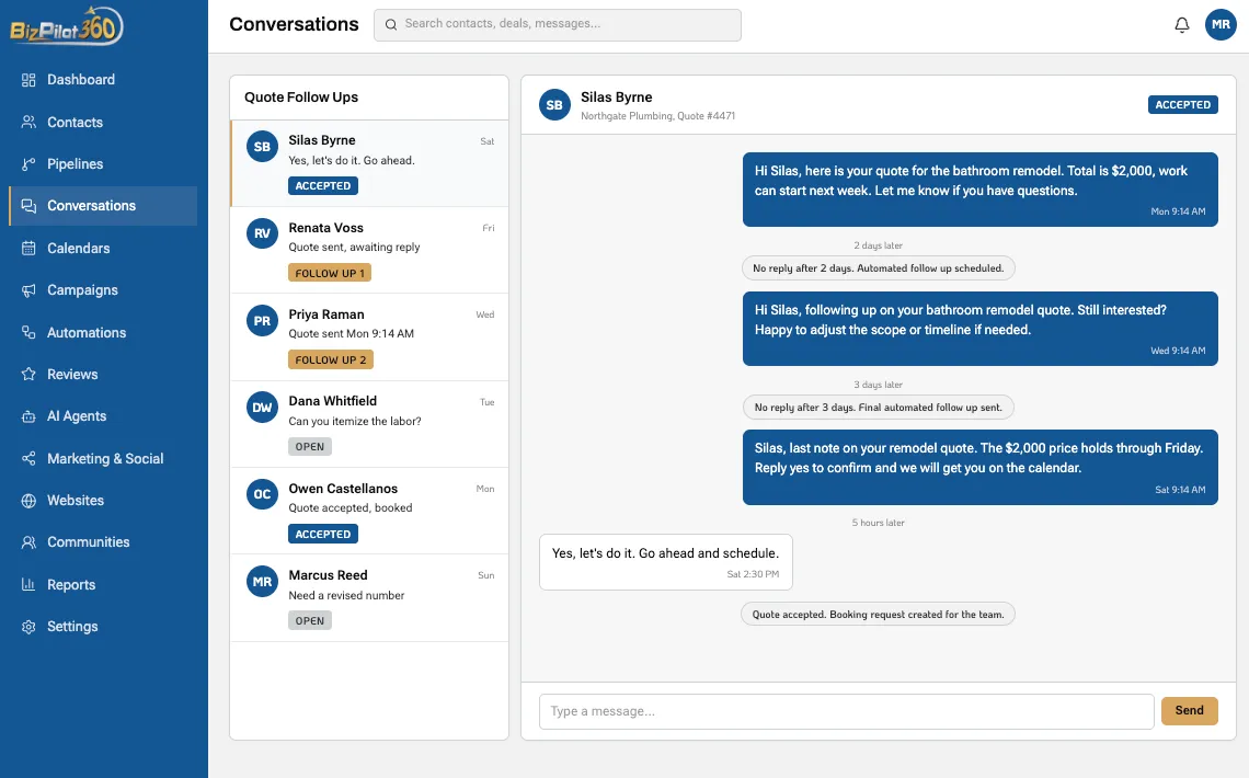 Conversation dashboard showing automated quote follow-ups, customer replies, and an accepted booking request.