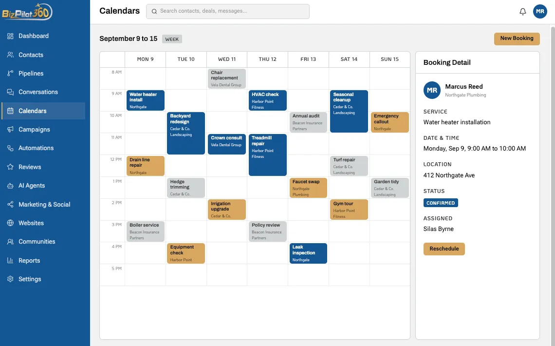 Weekly scheduling calendar showing service appointments, booking times, locations, status, and assigned staff.