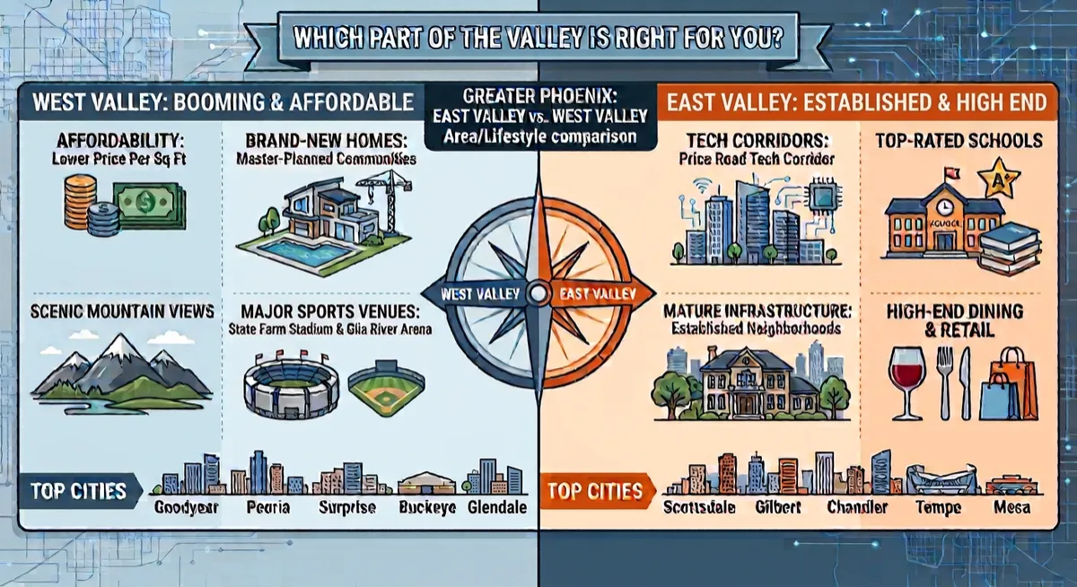 Infographic comparing Greater Phoenix East Valley vs. West Valley lifestyle and area features. West Valley highlights Goodyear, Peoria, Surprise, Buckeye, and Glendale with affordability, brand-new master-planned homes, scenic mountain views, and sports venues. East Valley highlights Scottsdale, Gilbert, Chandler, Tempe, and Mesa with tech corridors, top-rated schools, mature infrastructure, and high-end dining.