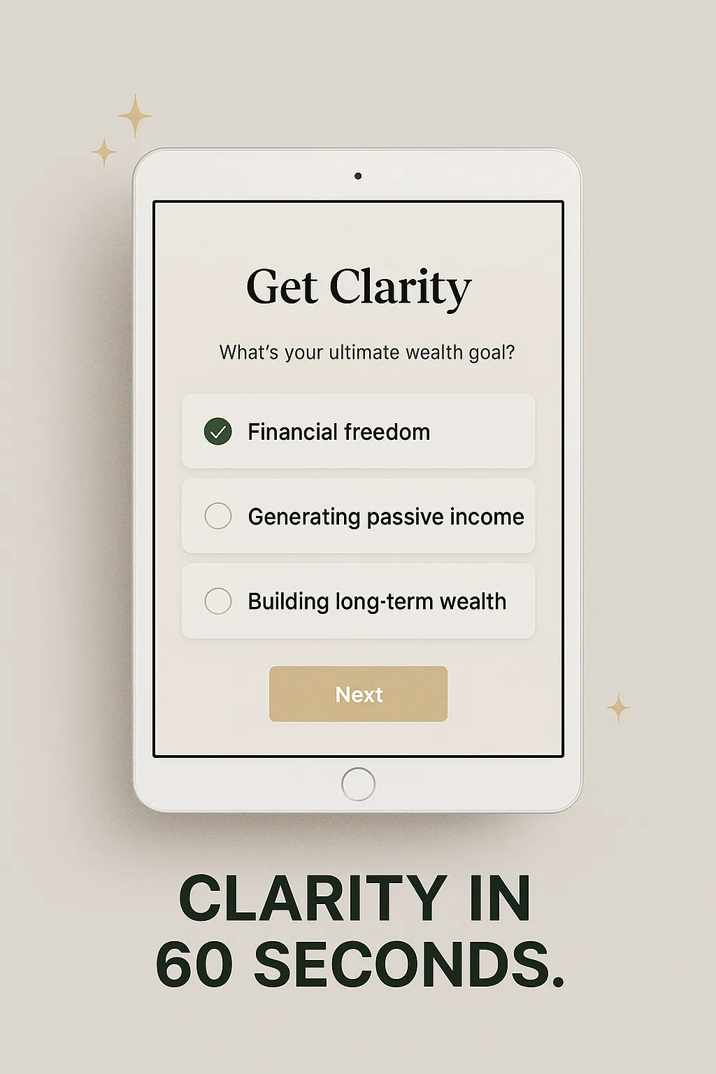“Tablet screen displaying a digital quiz question about wealth goals, with ‘Financial Freedom’ selected, and the phrase ‘Clarity in 60 seconds’ underneath.”