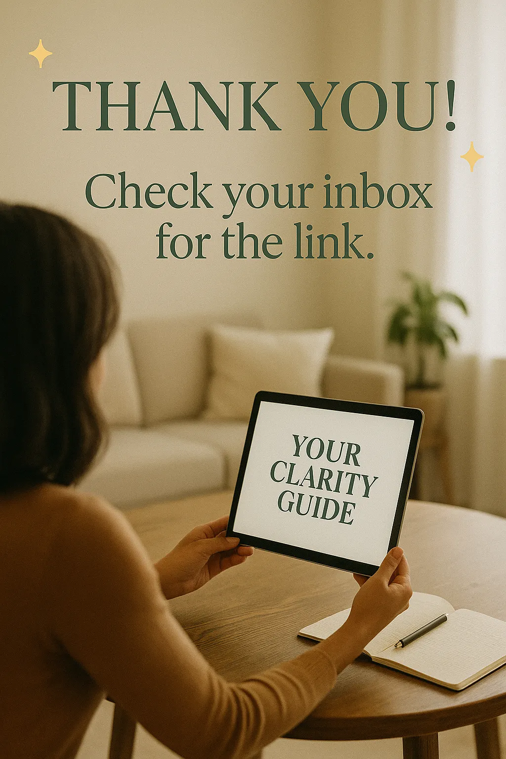 “Resilient woman seated at a desk with laptop and notebook, under the thank you message: ‘Check your inbox for the link.’”
