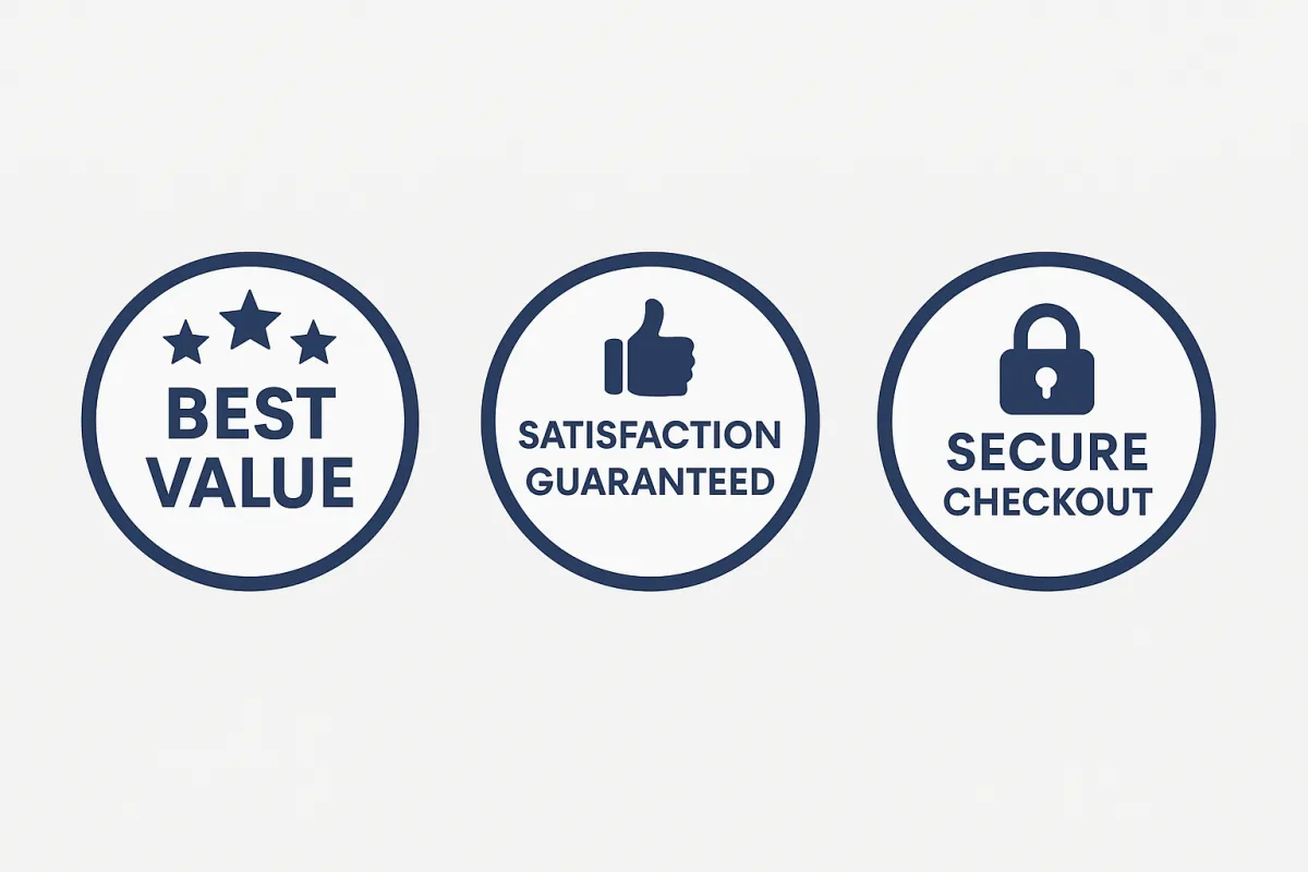Secure checkout badges showing best value, satisfaction guaranteed, and safe purchase assurance.