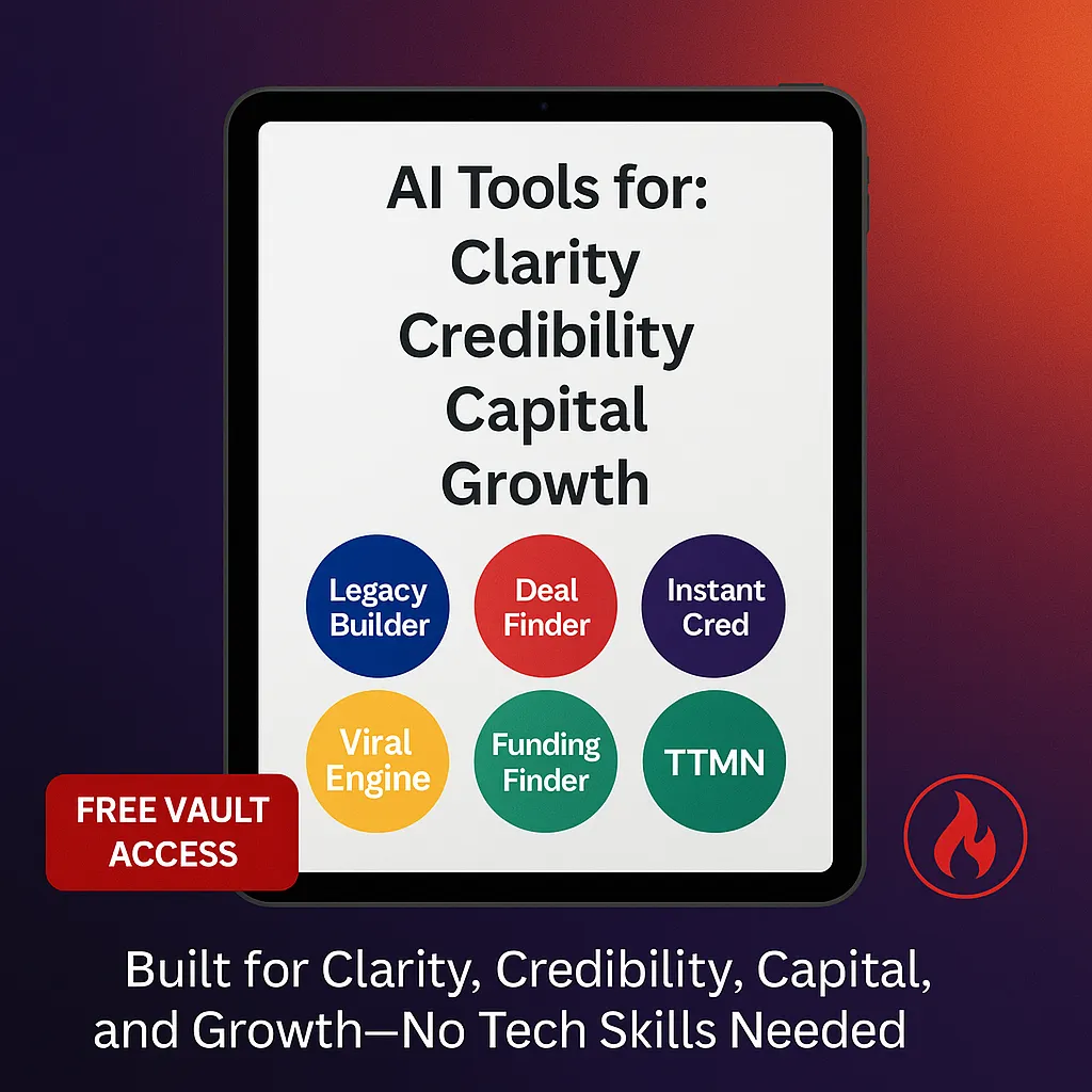 Tablet showing 6 free AI tools for automation, clarity, branding, and capital. Built for overwhelmed visionaries and first-gen entrepreneurs.