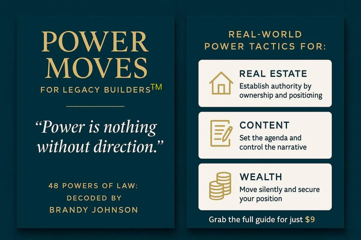 Power Moves slide deck sample with visual summary of 48 Laws — designed for first-gen leaders and real estate investors