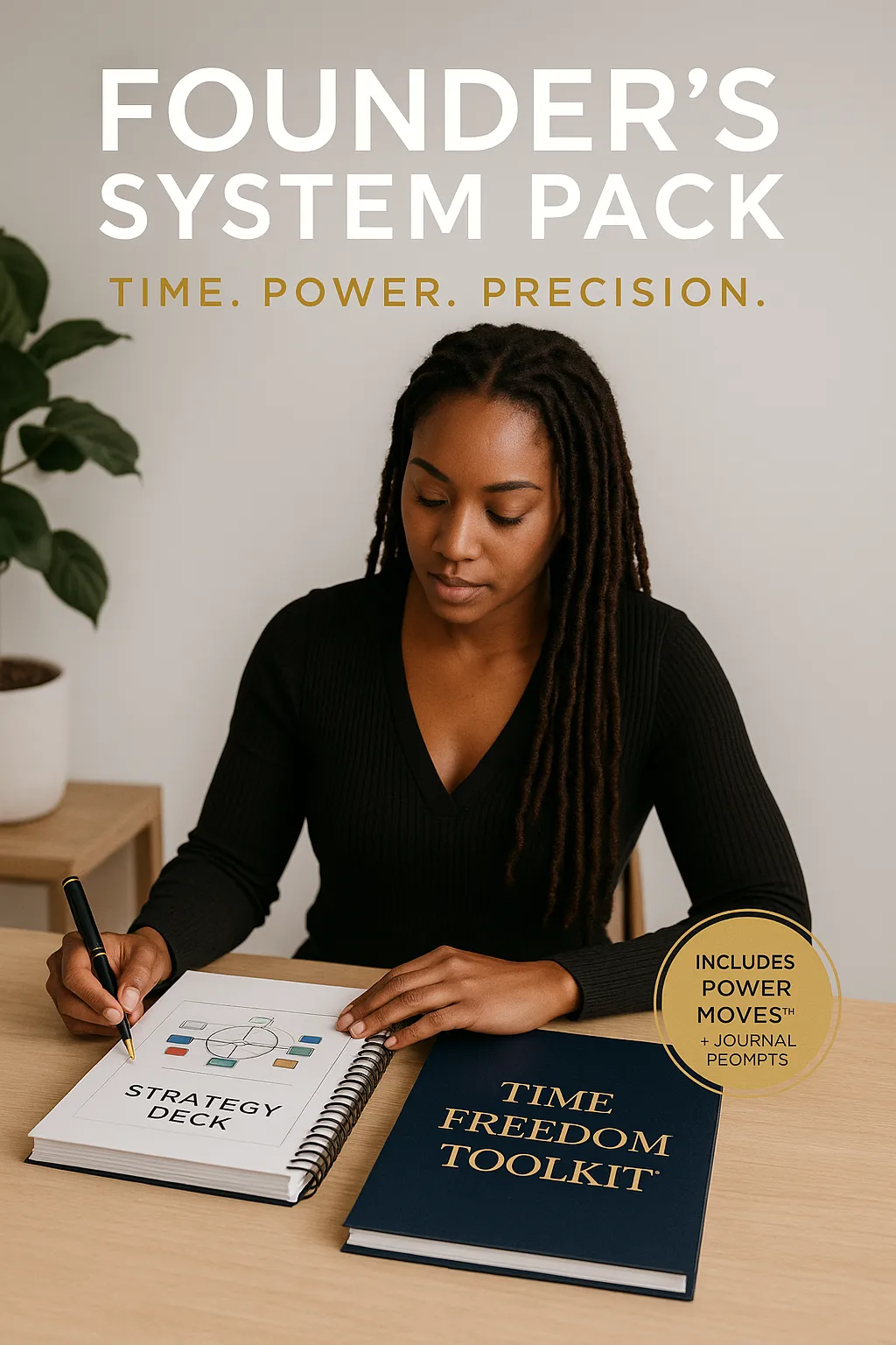 Brandy Johnson’s Founder’s Toolkit system — includes clarity workbook, visual strategy guide, SOPs, and Phoenix reflection tools for high-level execution.