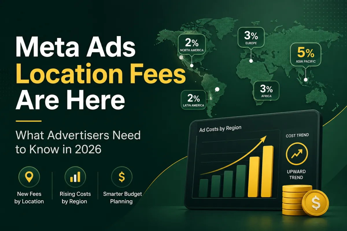Meta Ads location fees 2026 update showing regional ad cost percentages, rising advertising costs, and budget planning insights for Facebook and Instagram advertisers.