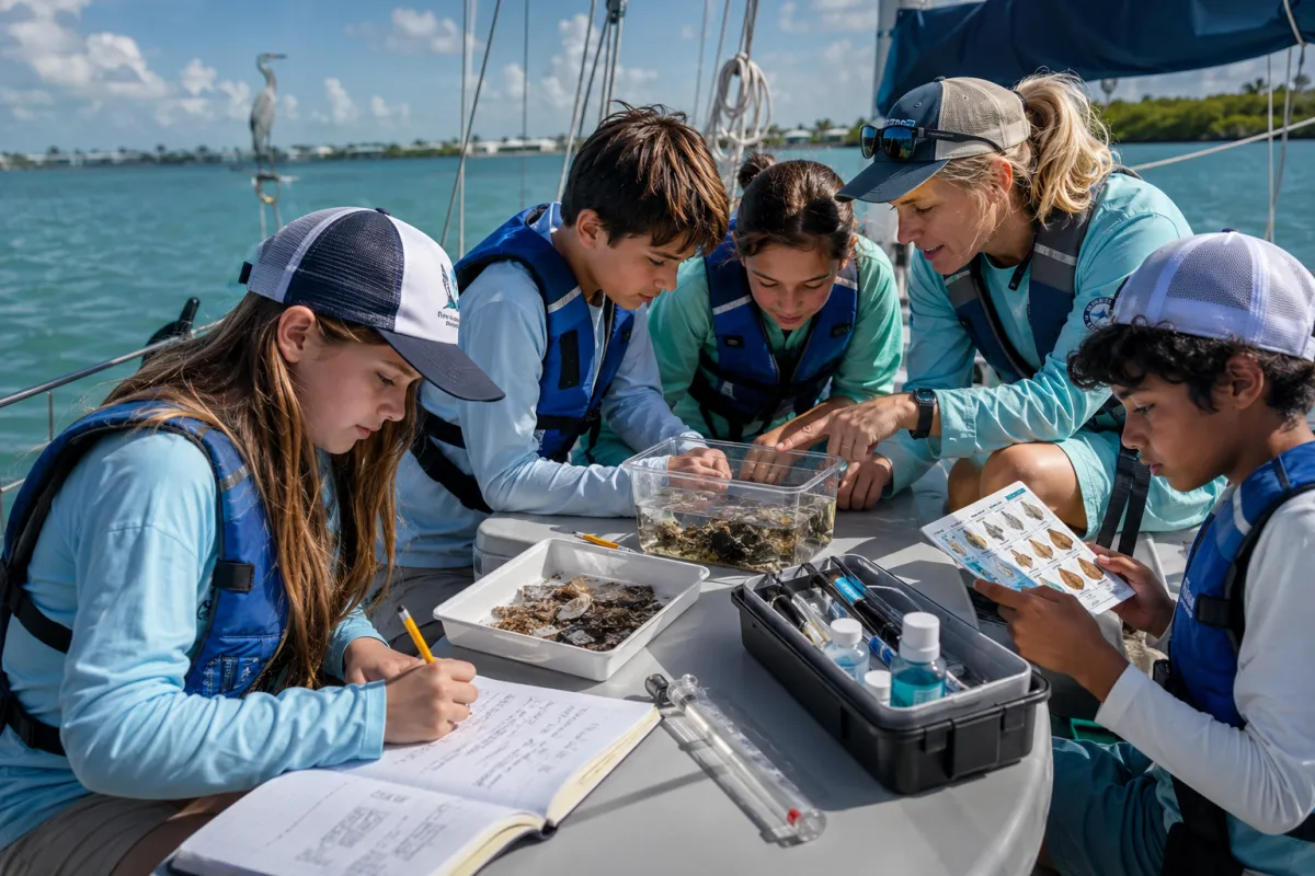 Students conducting a hands-on marine science field investigation aboard a sailing vessel in Naples, Florida