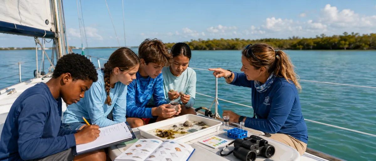 Students recording observations during an educational marine science sailing expedition in Naples, Florida