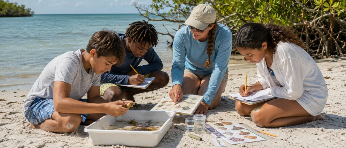 Students conducting a guided coastal science field investigation on Keewaydin Island near Naples, Florida