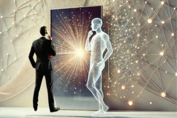 Blogheader for AI and Leadershio: How I exposes Your blind spots and strengthens decision.making, showing a manager in front of a glaring mirror watched by an AI symolied as neural network in human shape.